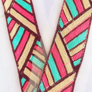 Beige Net With Beige, Pink, Green And Brown Embroidery